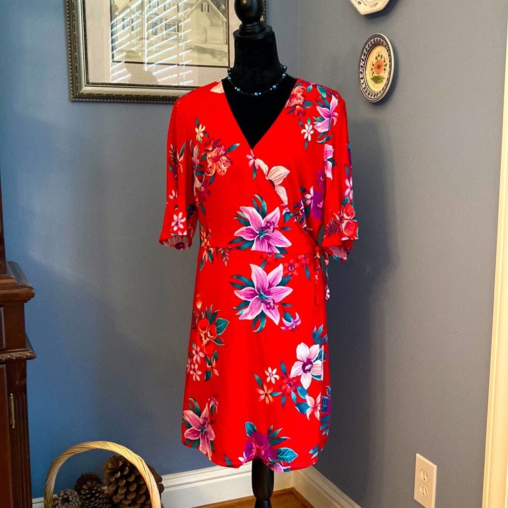 Old Navy Red Tropical Linen Look Wrap Dress